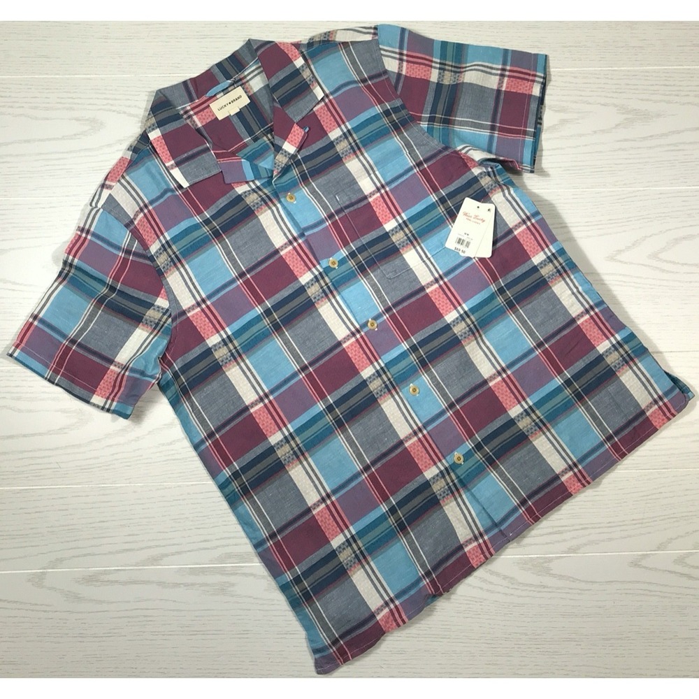 Lucky Brand Short Sleeve Plaid Linen Shirt Mens Medium Button Down Pocket New